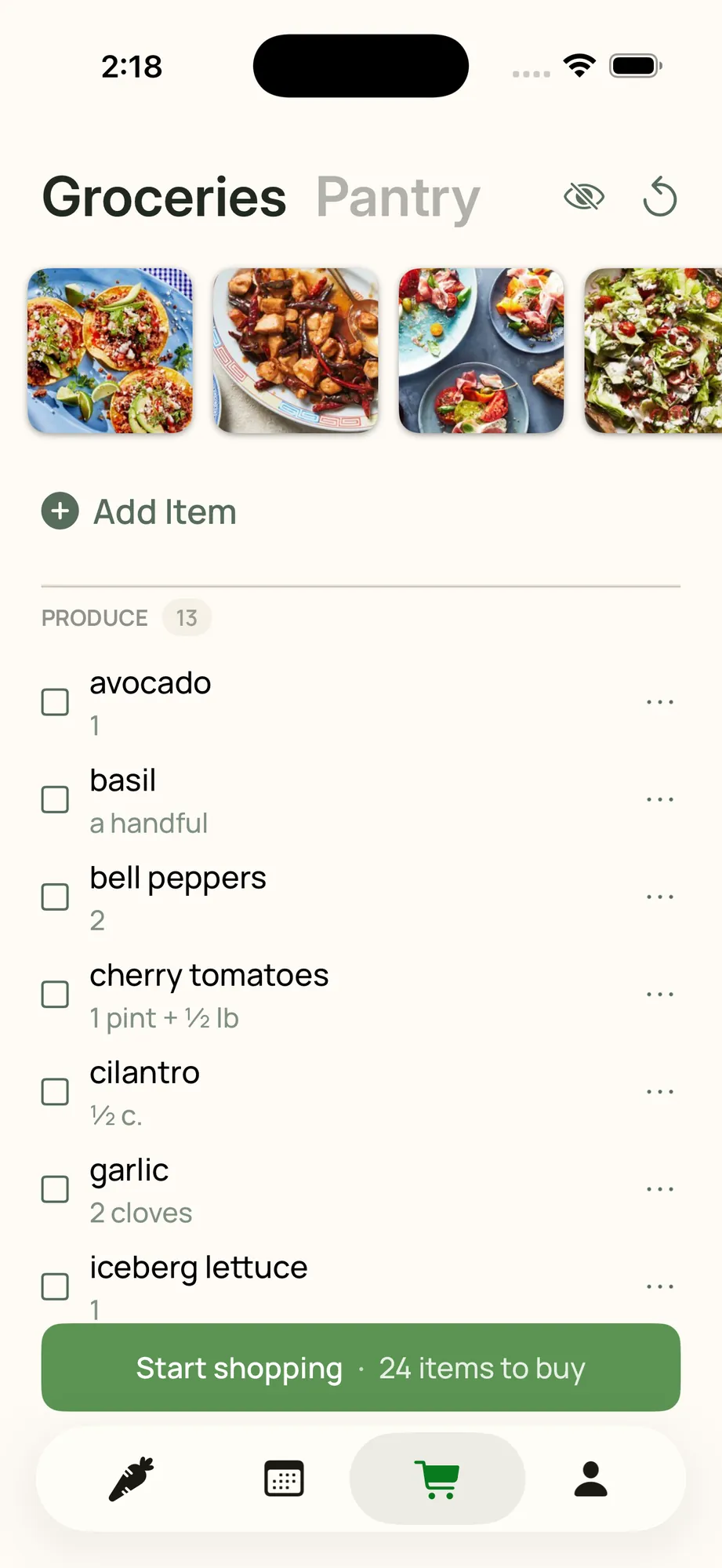 A Simmerly grocery list: the week's recipes up top, the produce aisle with quantities merged across recipes, and a Start Shopping button totaling 24 items