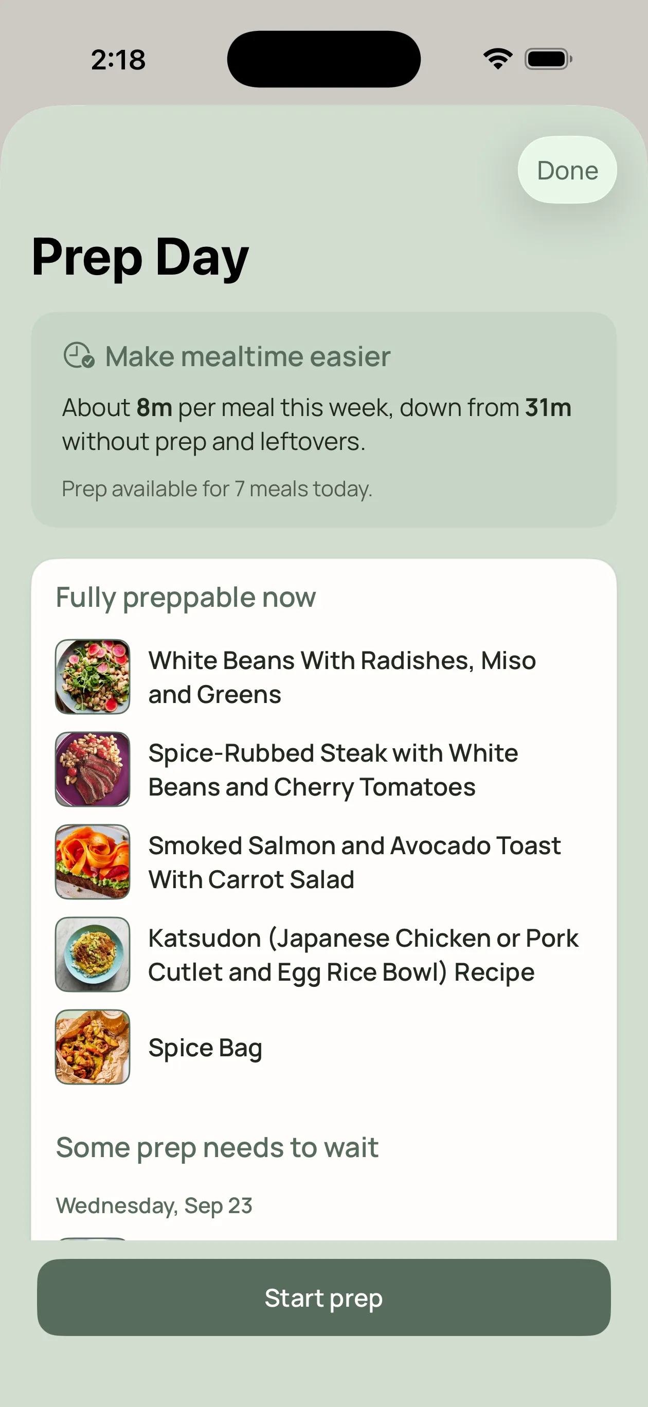 The Prep Day screen: about 8 minutes per meal this week, down from 31 without prep and leftovers, with the recipes that can be fully prepped now and a Start prep button