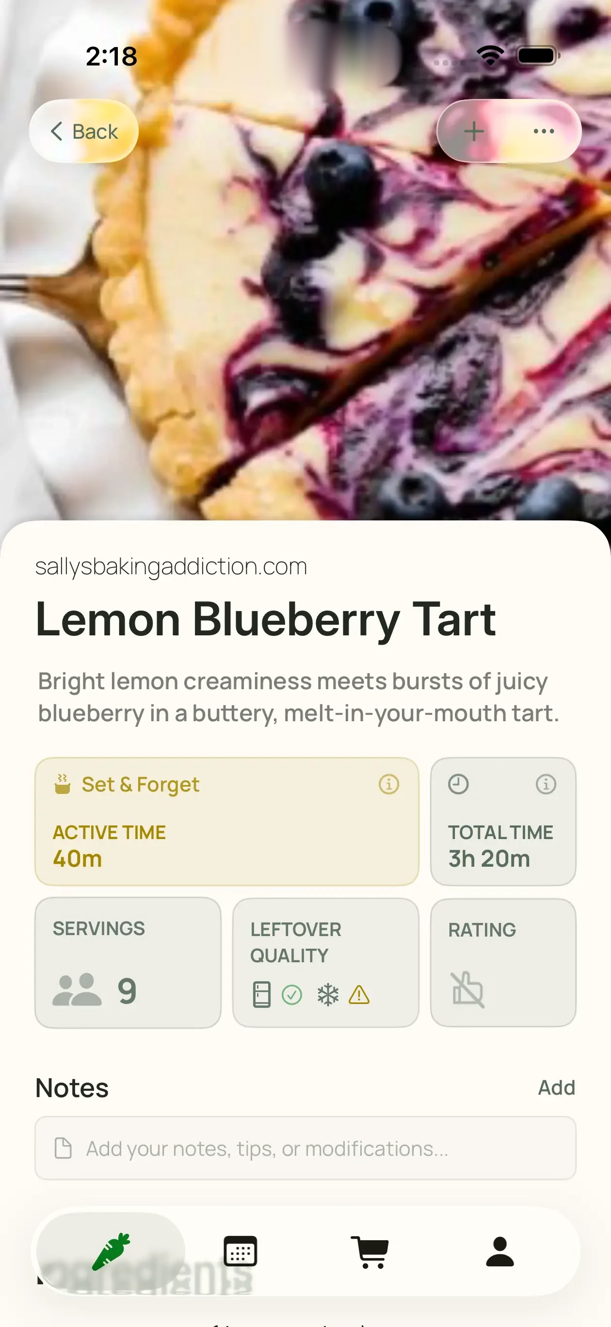 A Lemon Blueberry Tart recipe imported from a baking blog, with active time, total time, servings, and ingredients laid out like every other Simmerly recipe